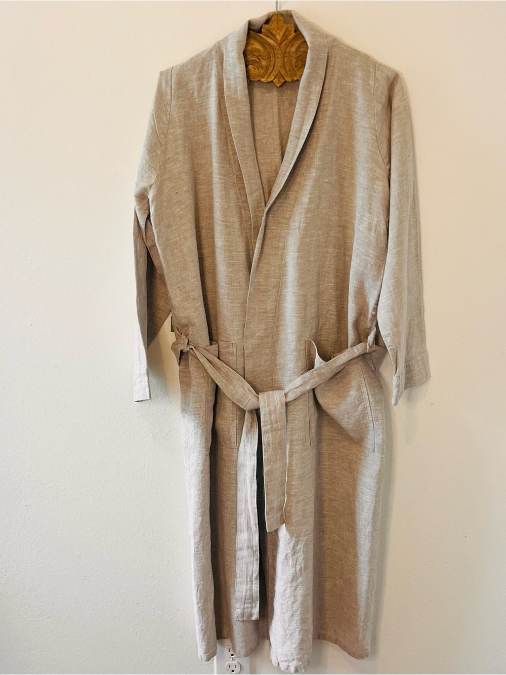Rough Linen 100% Linen Smooth Robe Shawl Collar Natural Gray Made USA